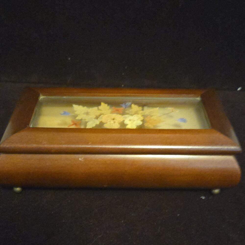 The Bombay Company Wood Jewelry Box Glass Lid Floral Velvet Lined Ring Vintage